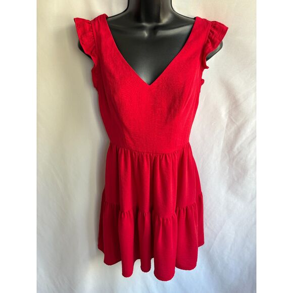 City Studio Red Ruffles Tiered Dress V Neck Size S Date Romantic Feminine Girly - Picture 1 of 10